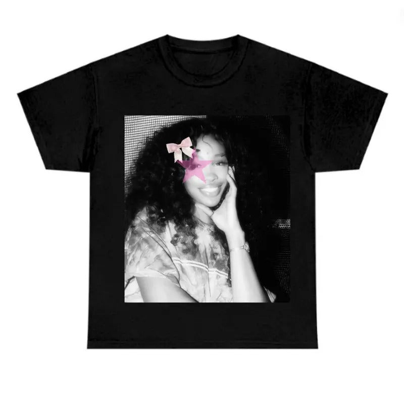 Big Face Pink Star SZA Black Shirt Cotton Fabric T-Shirts