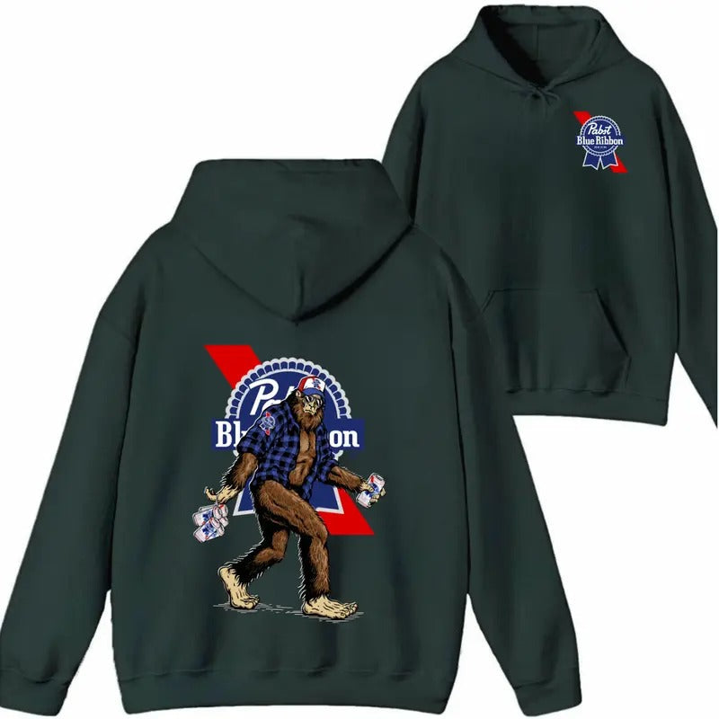 Bigfoot Pabst Blue Ribon 2 Sided Bigfoot Beer Gif Him Printed Cotton Long Sleeve Fabric Classic T-Shirts