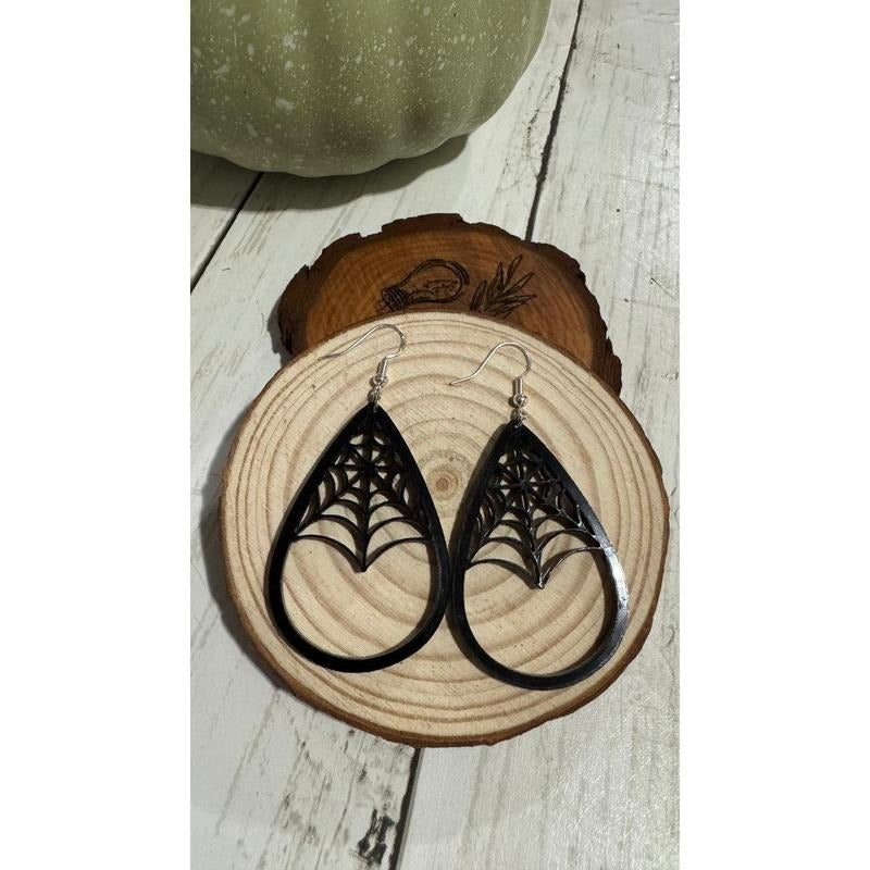 Black Acrylic Spider Web Earrings Laser Cut Halloween Jewelry Lightweight Teardrop Modern Spooky Gothic Love T-Shirts