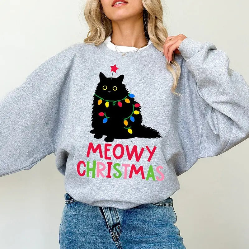 Black Cat Cat Cat Lover Xmas Shirt Cat Mom Catmas Xmas Winter Shirt T-Shirts