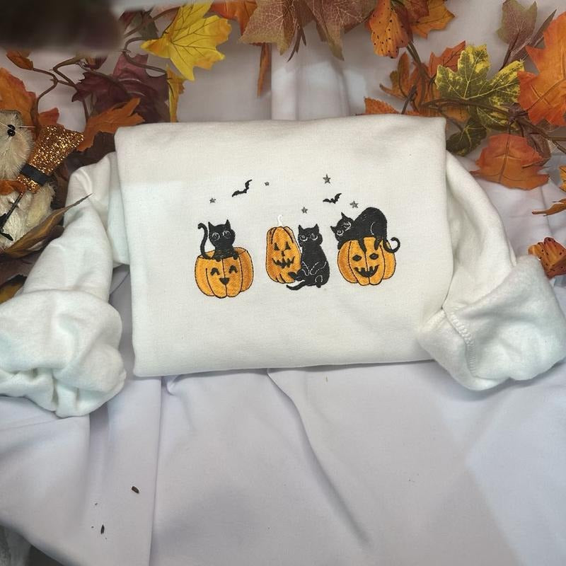 Black Cat Halloween ; Pumpkin Embroidery Comfortable Soft Tops T-Shirts