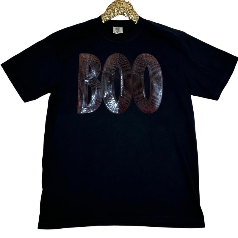 Black Sequin Boo Patch Comfort Colors T-Shirts