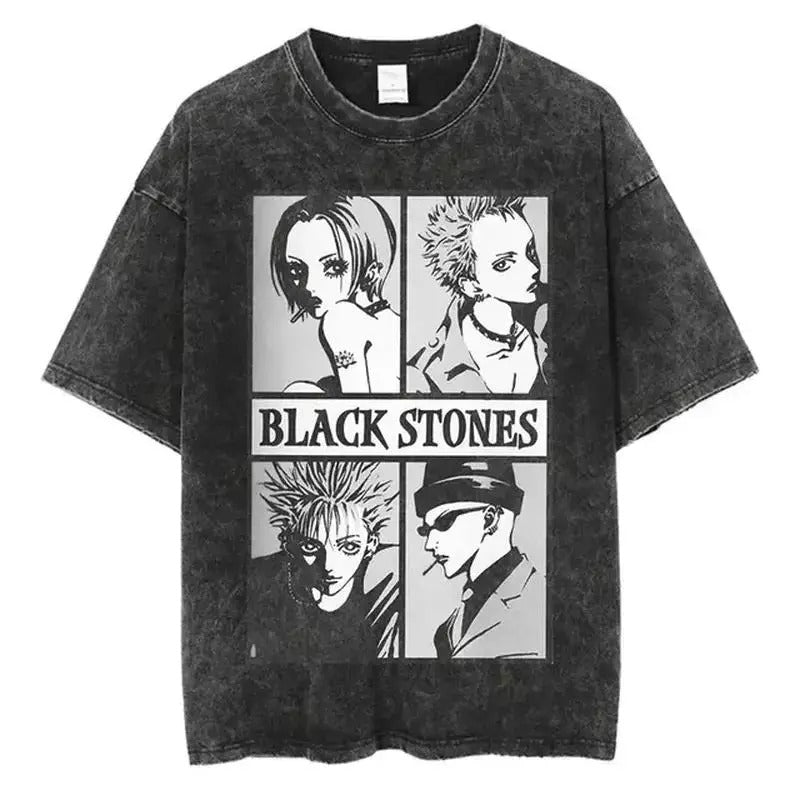 Black Stones Shirt Japanese Anime Nana Osaki Print Vintage Washed Harajuku Streetwear T-Shirts