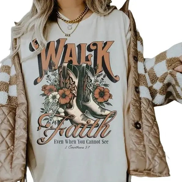 Boho Christian Shirts Christian Bible Verse Shirt Christians Jesus Shirt. Walk Faith Her Cotton Fabric Casual Top Womenswear Bottom Collar Everyday T-Shirts