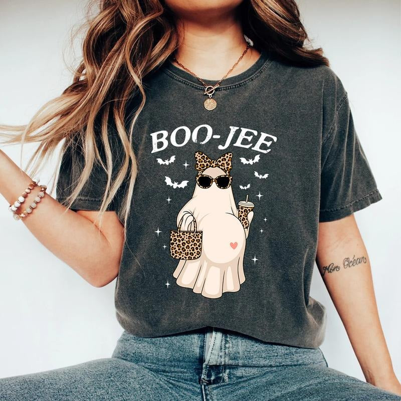 Boo Jee Pregnant Ghost Shirt Funny Maternity Cute Halloween Mom Expecting Mom Baby Announcement T-Shirts