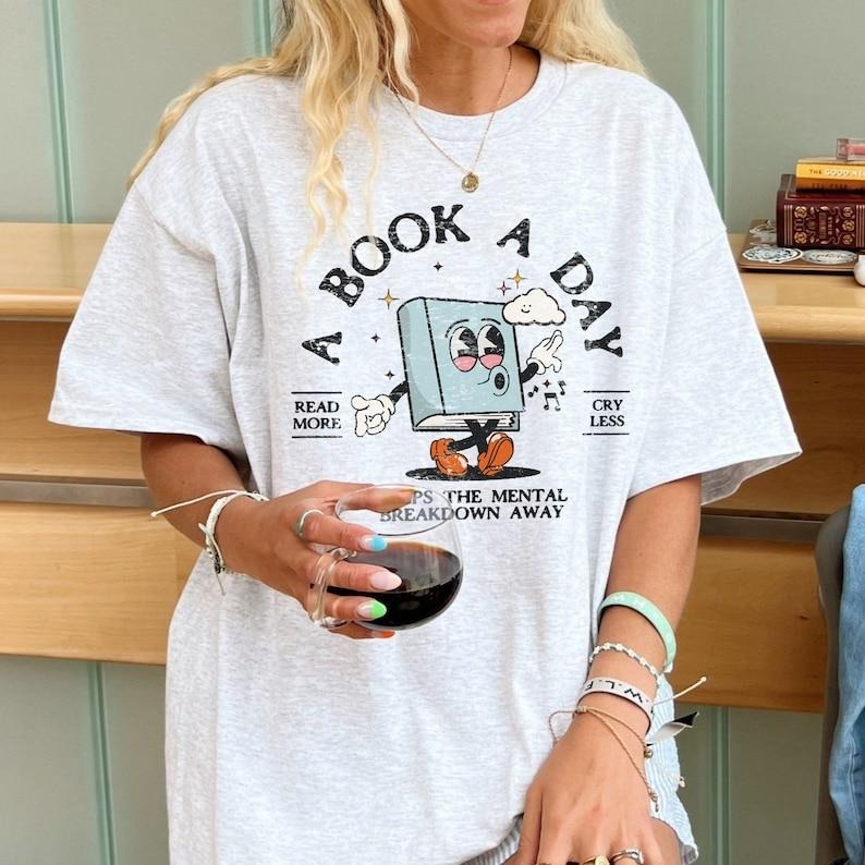 Bookish Mental Health Shirt Book Day Retro Shirt Read More Book Lover Bookworm BookTok Romance Reader Book Addict Romantasy Bibliophile T-Shirts