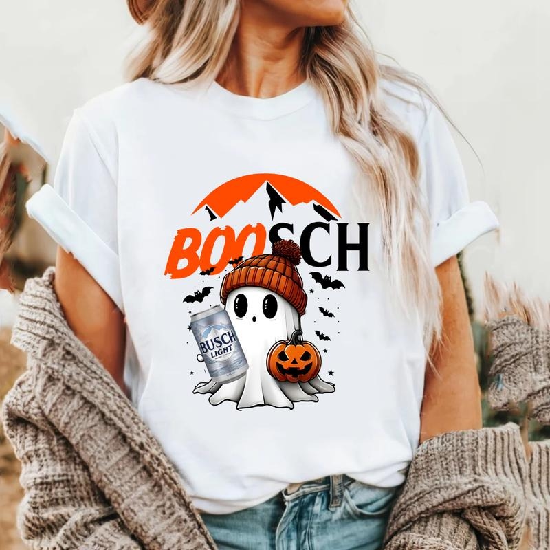 Boosch Light Cute Boo Ghost Halloween Double Sided Casual & Halloween Top Ghost & Busch Light Logo T-Shirts