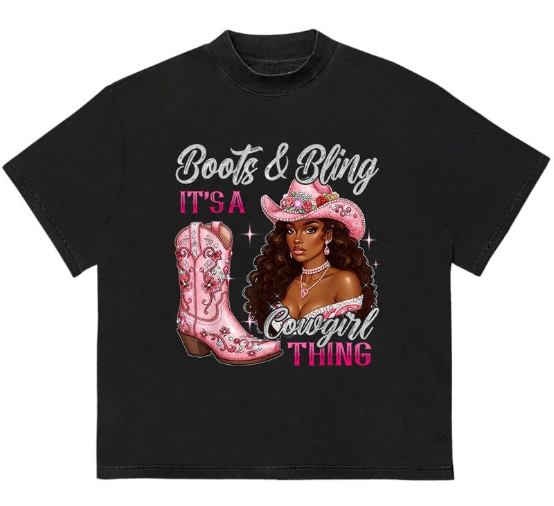 Boots & Bling 'S Cowgirl Thing Black Coowgirl Essential Cotton Print T-Shirts