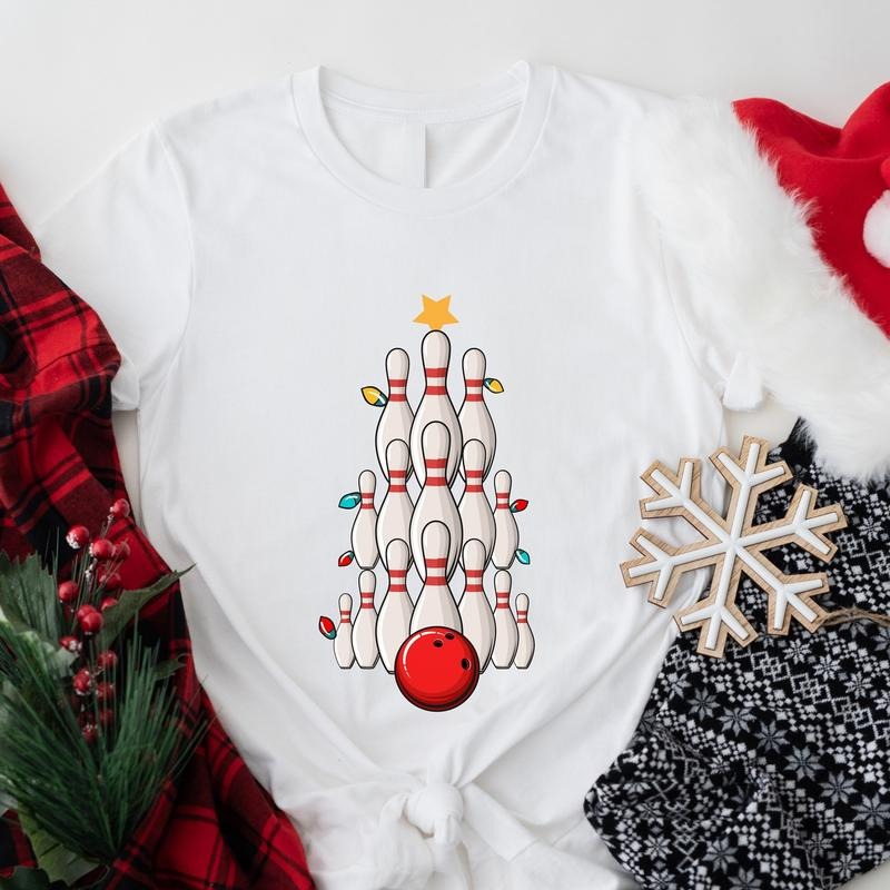 Bowling Tree Shirt Bowling Lover Bowling Player X Mas Shirt Xmas Bowling Ball Shirt Matching Bowler T-Shirts