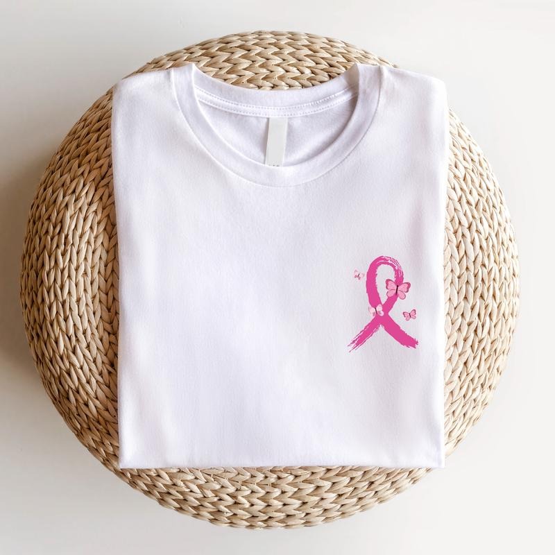 Breast Cancer Butterfly Ribbon Shirt Pink Ribbon Pocket Size Warrior Mom Breast Cancer Survivor Cancer Support Her T-Shirts