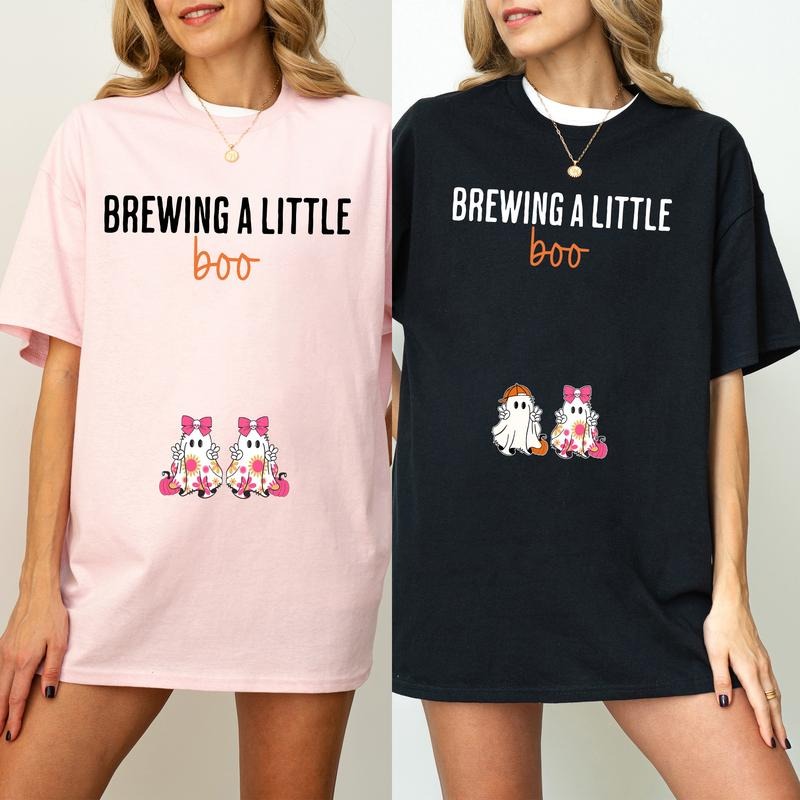 Brewing Little Boo Twin Halloween Pregnancy Announcement Shirt Halloween Maternity Funny Mom Be Spooky Baby Shower Pregnant Wife T-Shirts