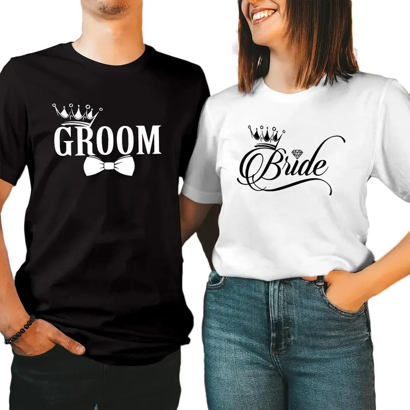 Bride Groom Couple Matching Cotton Fabric Casual Streetstyle Crew Neck Short Sleeve Tops Date T-Shirts