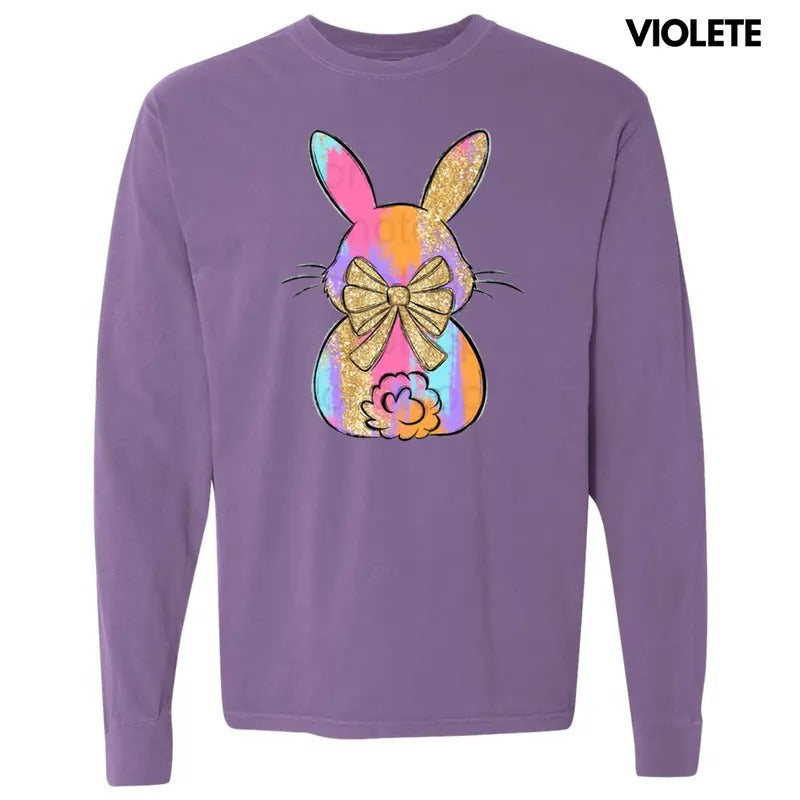 Brushstroke Faux Glitter Bunny Long Sleeve Comfort Colors T-Shirts