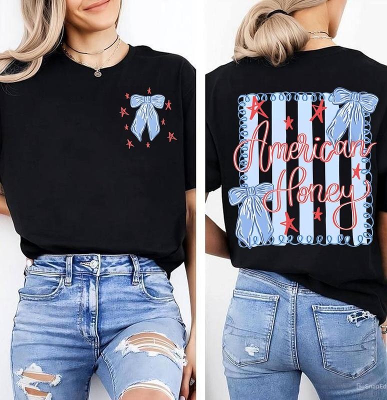Brushtroke American Honey Flag Coquette Bows 2 Sided Shirt Red White Blue USA Independence Fourth July Shirt Memorial Day T-Shirts