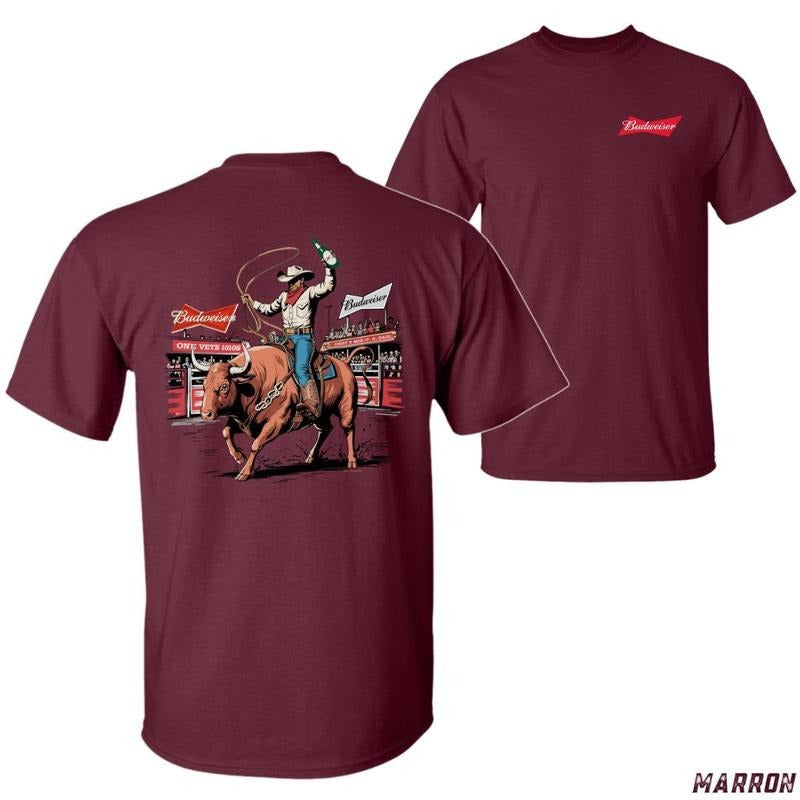 Budweiser Rodeo Fun Cowboy Rodeo Bold Graphics Tiktok Shop Store Rodeo Lovers Beer Enthusiasts Comfortable Casual T-Shirts