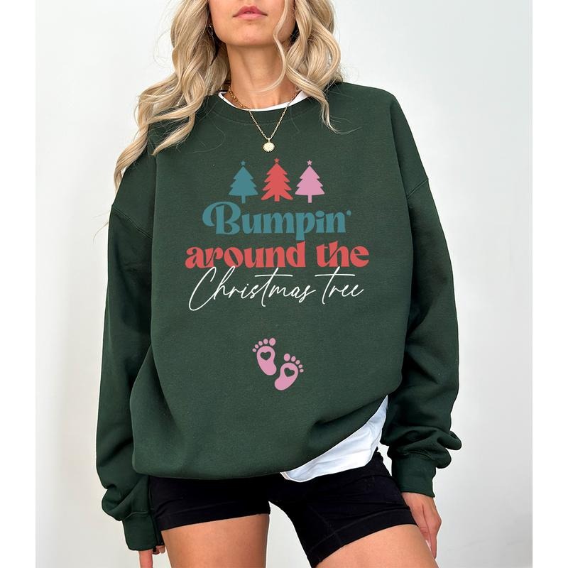 Bumpin Around Tree Pregnancy Announcement XMas Maternity Gender Reveal Jumper New Mom Baby T-Shirts
