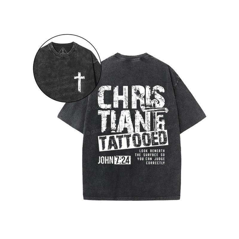 CHRISTIAN TATTOOED Benath Surface So You Can Judge Correctly 2 Sided Comfy Printed Pure Cotton Fabric Casual Streetstyle Crew Neck Short Sleeve Soft Washed Tops Perfect T-Shirts
