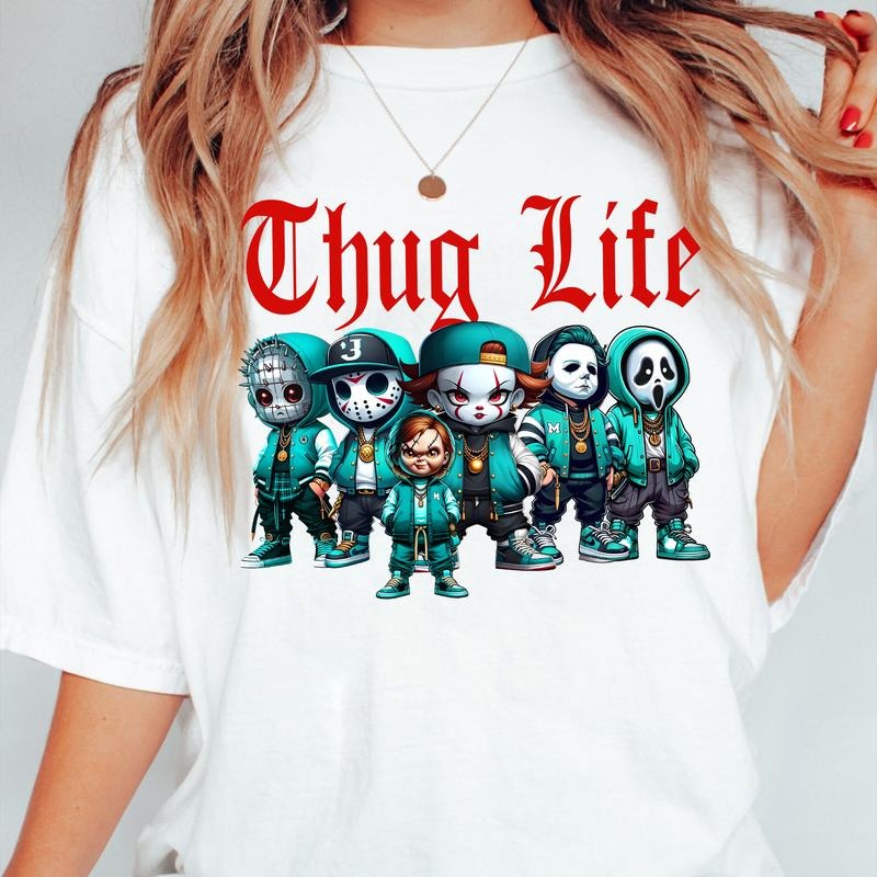 COOL Thug Life Pink Chibi Horror Movie Characters Shirt Halloween Shirts Funny Halloween T-Shirts