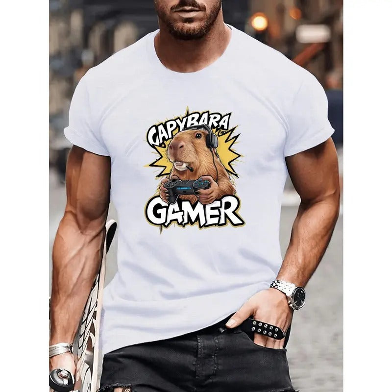 Capybara Gamer Polyester Knit Crew Neck Casual Short Sleeve Geometric Capybara Print Summer Made USA T-Shirts