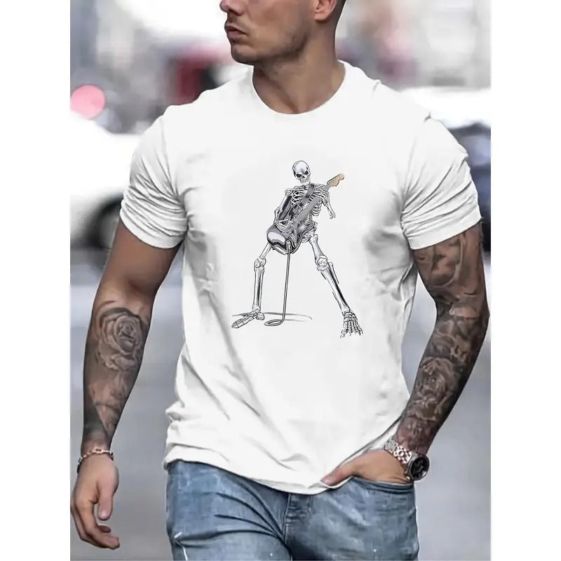 Cartoon Skeleton Playing Guitar Print Novel Casual Comfy Summer Tops Daily Activities Made USA T-Shirts
