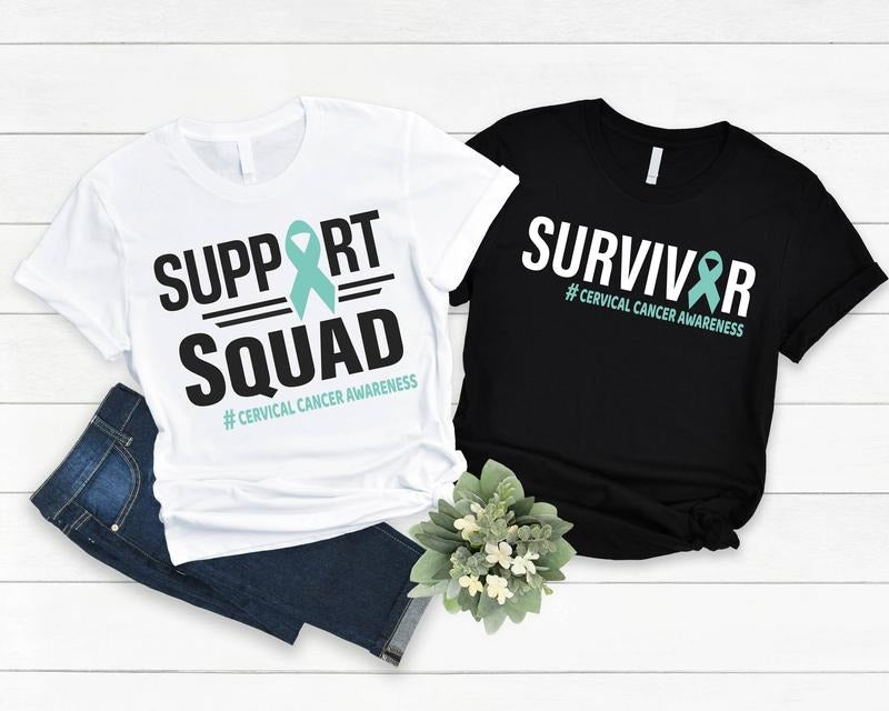 Cervical Cancer Awareness Shirt Cervical Cancer Survivor Matching Support Squad Teal Ribbon Ovarian Cancer T-Shirts