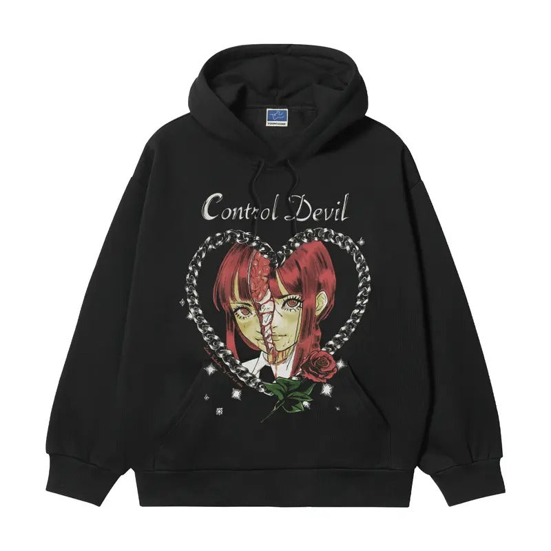 Chainsaw Man "Chopping Makima" Heavyweight Vintage Cotton Blend Classic Anime Menswear Tops Long Sleeve Casual Biker Black Print Oversize T-Shirts