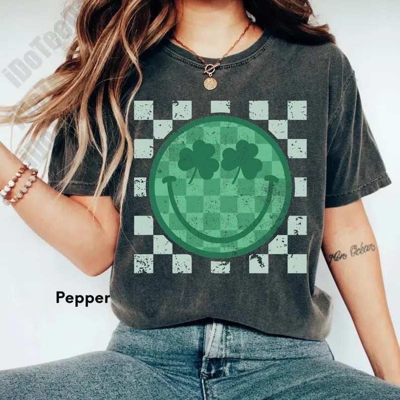 Checker Smiley St Patricks Shirt St Patricks Day Shirt Shamrock Smiley Shirt Retro St Patricks St Pattys Bestseller T-Shirts