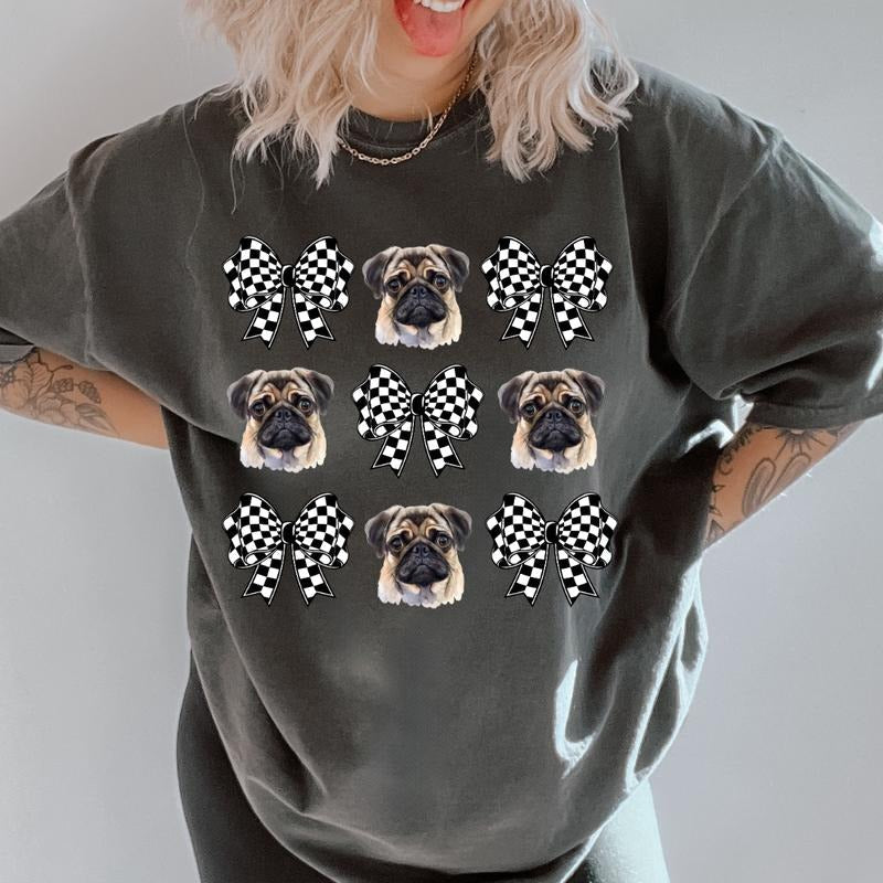Checkered Bows & Pug Shirt ~ Relaxed Fit Printed USA Womenswear Casual Comfort Cotton Boho T-Shirts