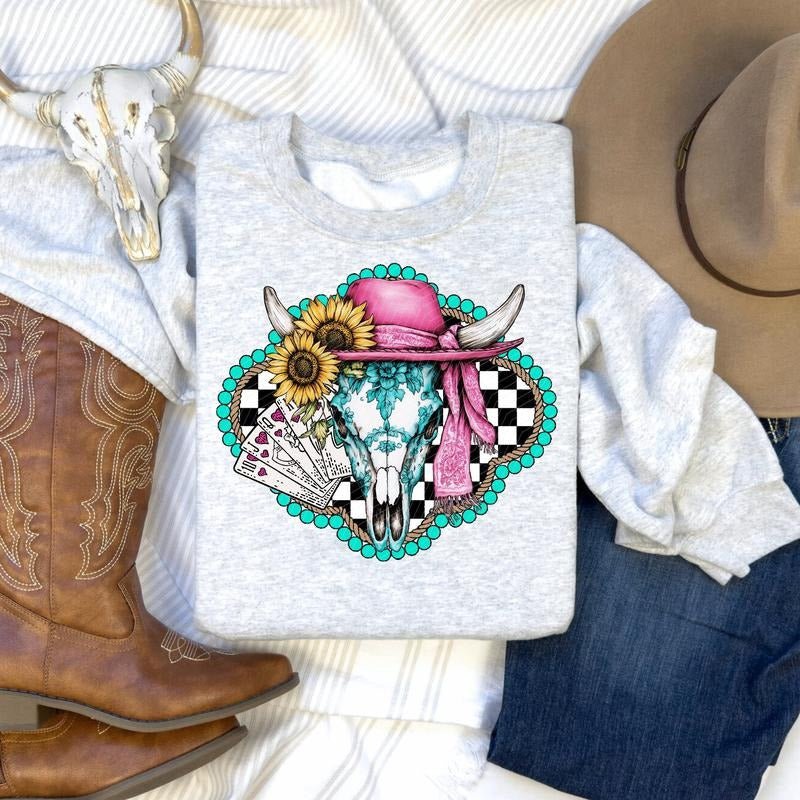 Checkered Cow Skull DTF Transfers THIS IS NOT SHIRT T-Shirts