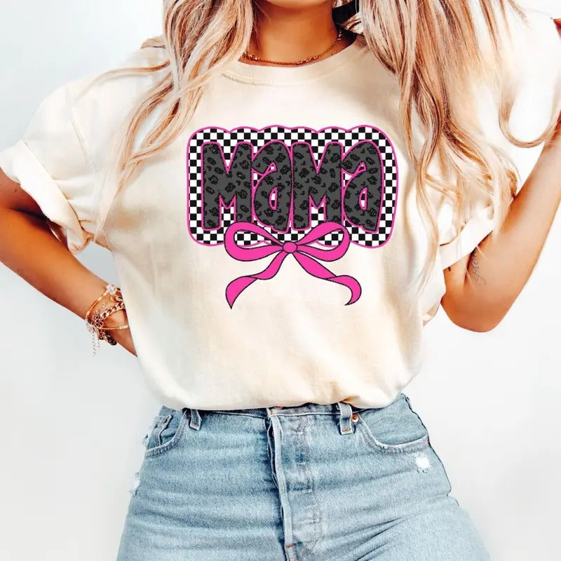 Checkered Mama Shirt Coquette Mama Bow Mama Shirt Mama Mom Top Womenwear T-Shirts