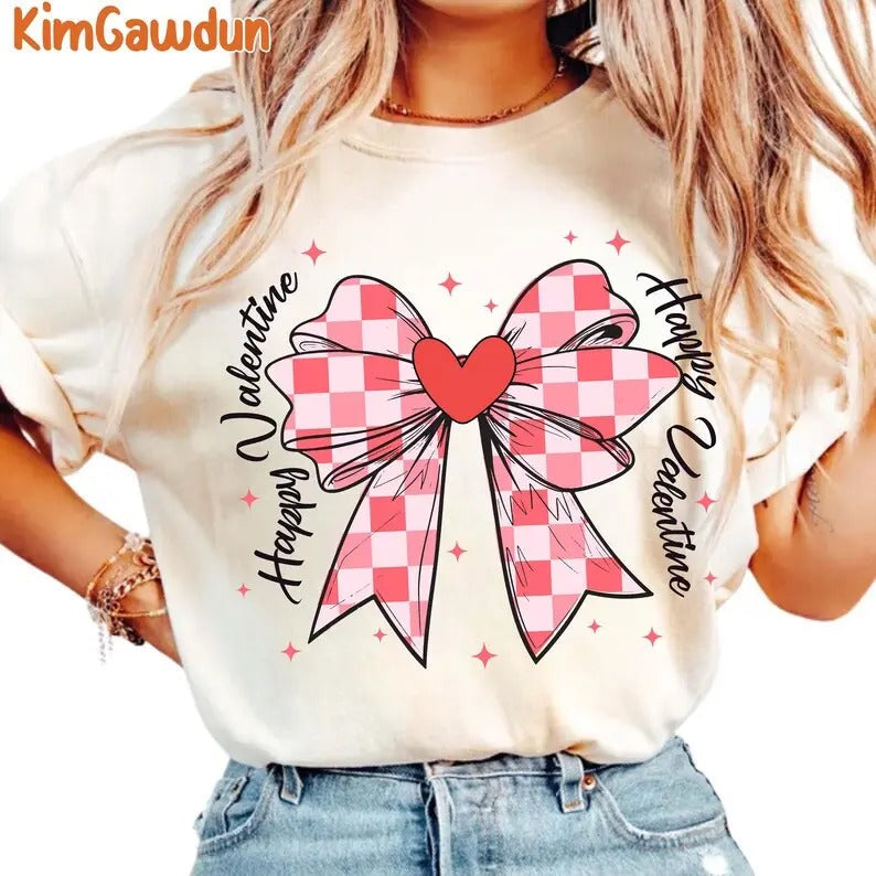 Checkered Heart Coquette Bow Retro Valentine Shirt Valentine Love Coquette Bow T-Shirts