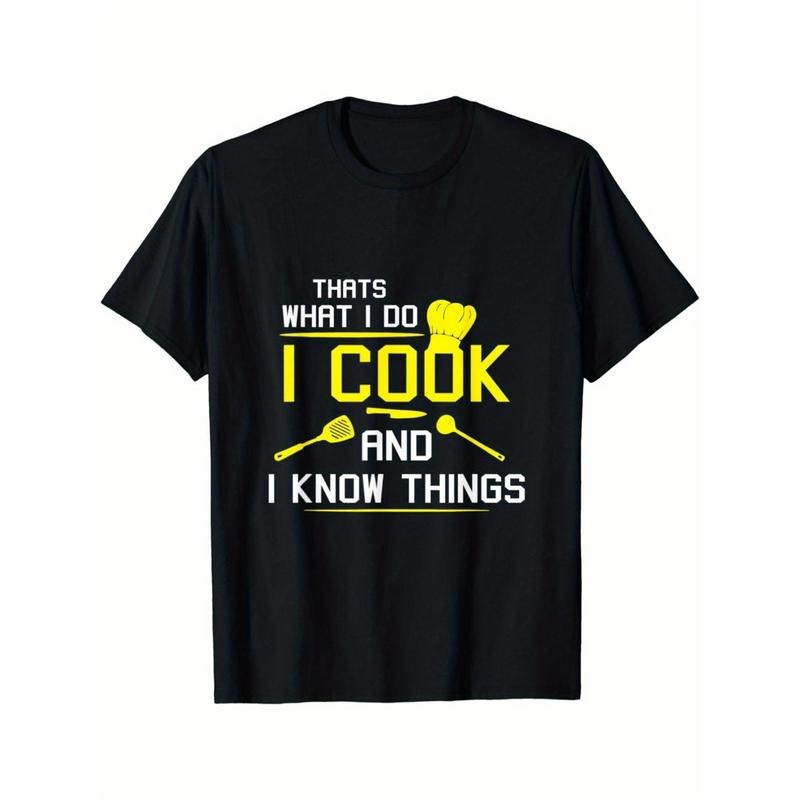 [Chef Geek Cotton ] Chef Geek 1pc Cotton Casual Crew Neck Striped Applique Sports & Outdoor Top Regular Fit "I Cook I Know Things" Print Made USA T-Shirts