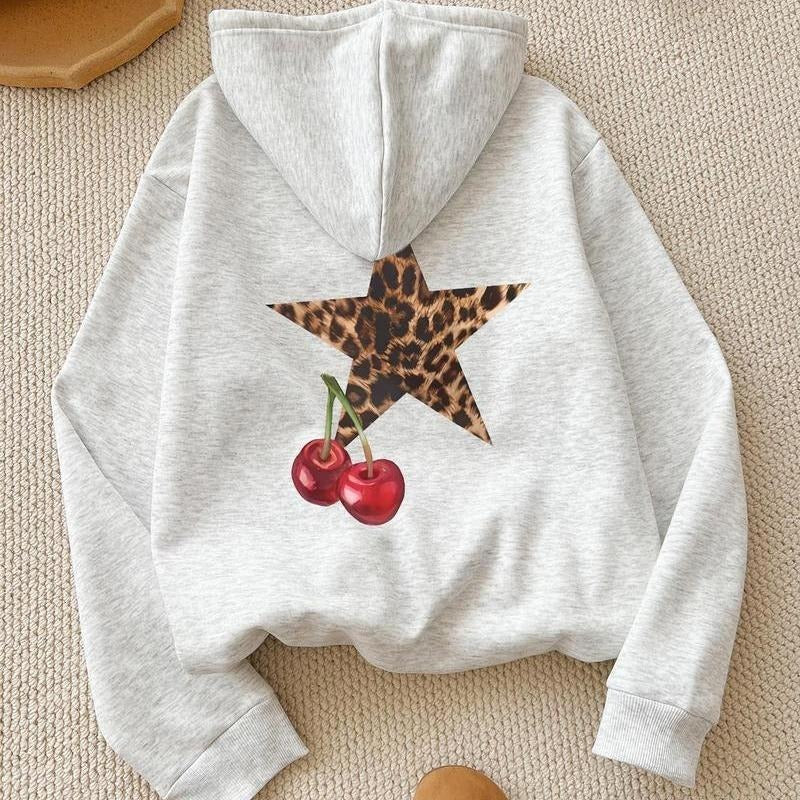 Cherry & Star Print Casual Hooded Daily Outdoor Fall & Winter T-Shirts