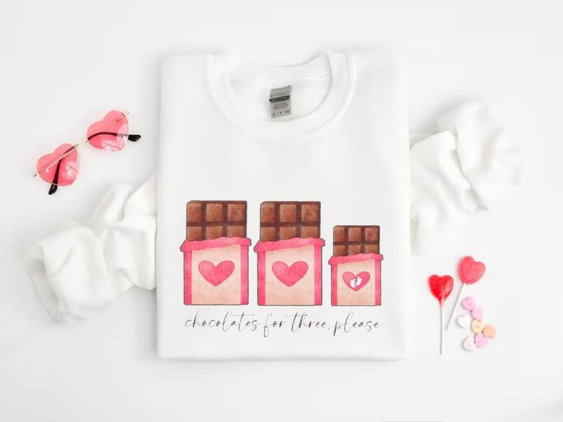 Chocolate Three Please Valentines Pregnancy Announcement Shirt Baby Reveal Pregnant Shirt T-Shirts