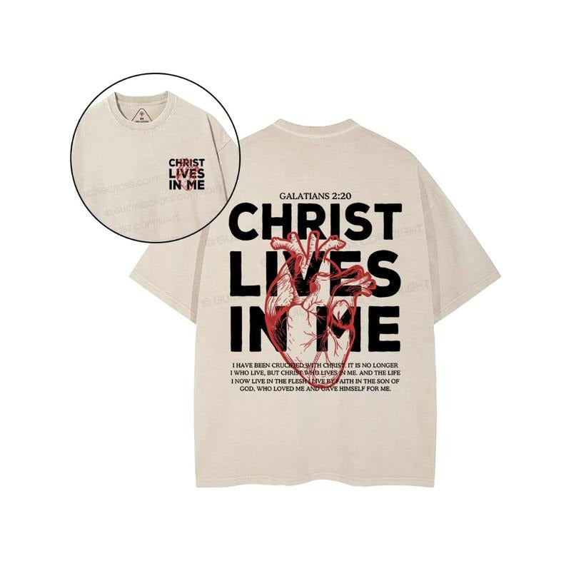 Christ Lives Me Christian Washed 2 Sided Pure Cotton Fabric Casual Streetstyle Crew Neck Short Sleeve Soft Washed Tops Perfect T-Shirts