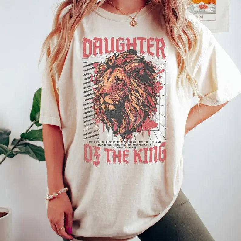 Christian Comfort Color Shirt Daughter King Bible Verse Shirt Christian Shirt Christianity Religious Shirt Jesus Shirt Boho Christian Sister Religious Shirt Cotton Fabric Top Traditional Womenswear Collar T-Shirts