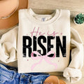 Christian Easter Coquette He Is Risen Retro Easter Matthew 28:6 Easter Jesus Bible Verse Pink Easter Cross T-Shirts