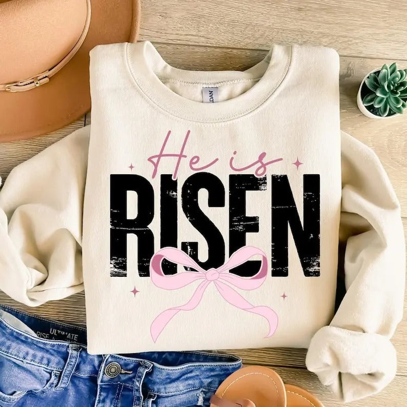 Christian Easter Coquette He Is Risen Retro Easter Matthew 28:6 Easter Jesus Bible Verse Pink Easter Cross T-Shirts