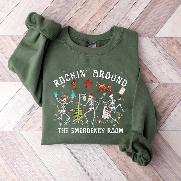 ER Nurse ER Nurse Shirt Rockin' Around Skeleton Er Tech Shirt Emergency Department Nurse T-Shirts