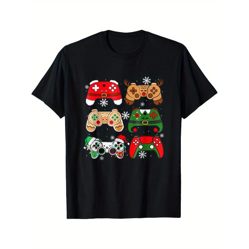Gamer Soft Breathable Comfortable Short Sleeve Daily All Season Black Printed Santa Elf Gaming Controllers Made USA T-Shirts