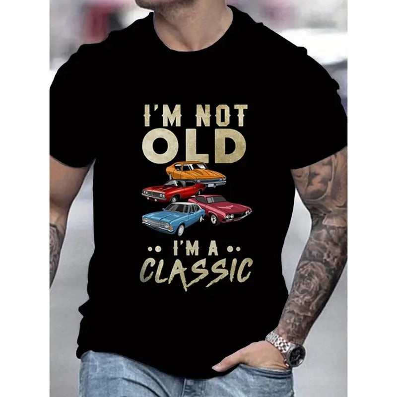 Classic Car Pattern Print Crew Neck Short Sleeve Summer Casual Street Vintage Car Enthusiasts Unique Humorous "I'M NOT OLD I'M CLASSIC" Quote Made USA T-Shirts