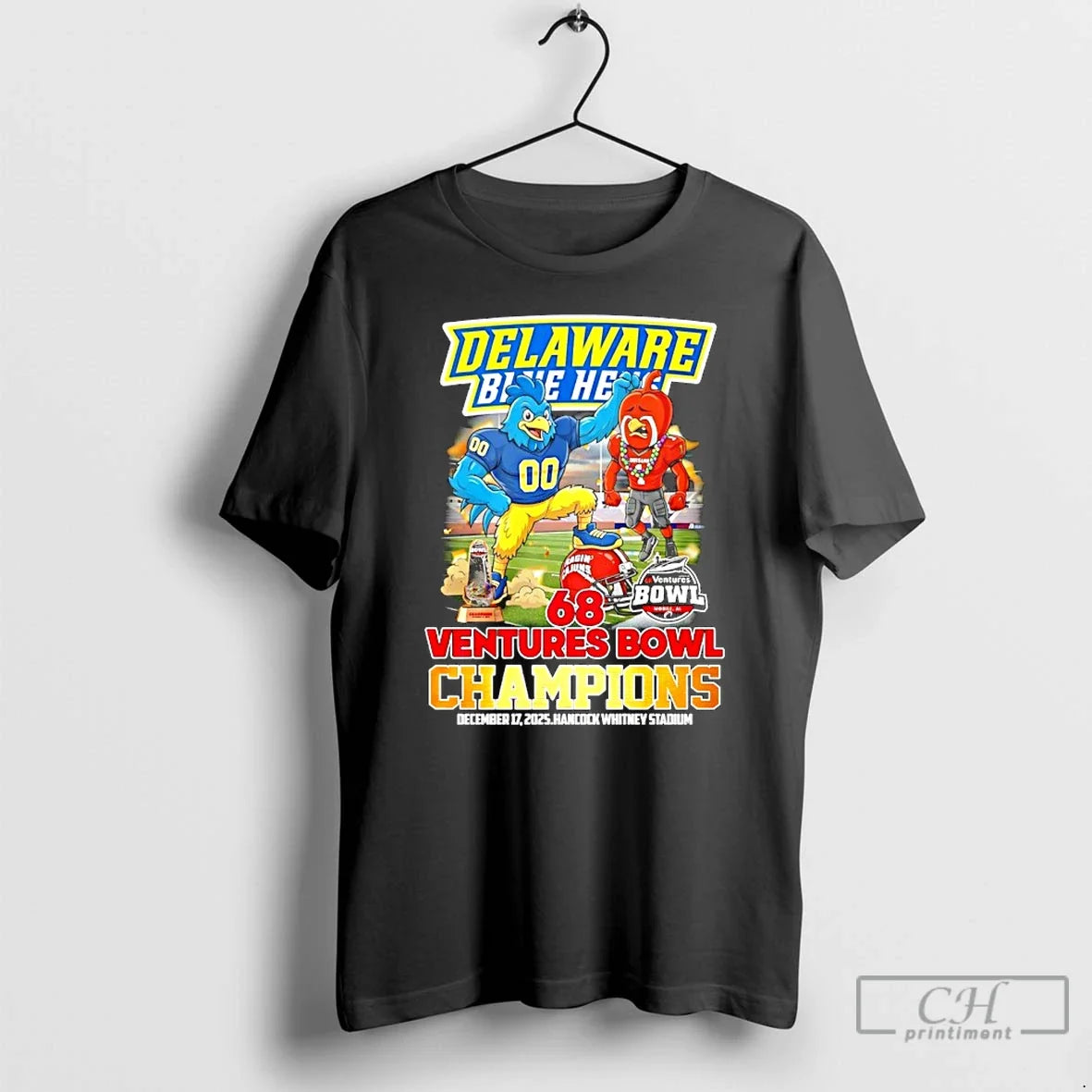 Classic Delaware Blue Hens 2025 68 Ventures Bowl Champions Mascot T-Shirts