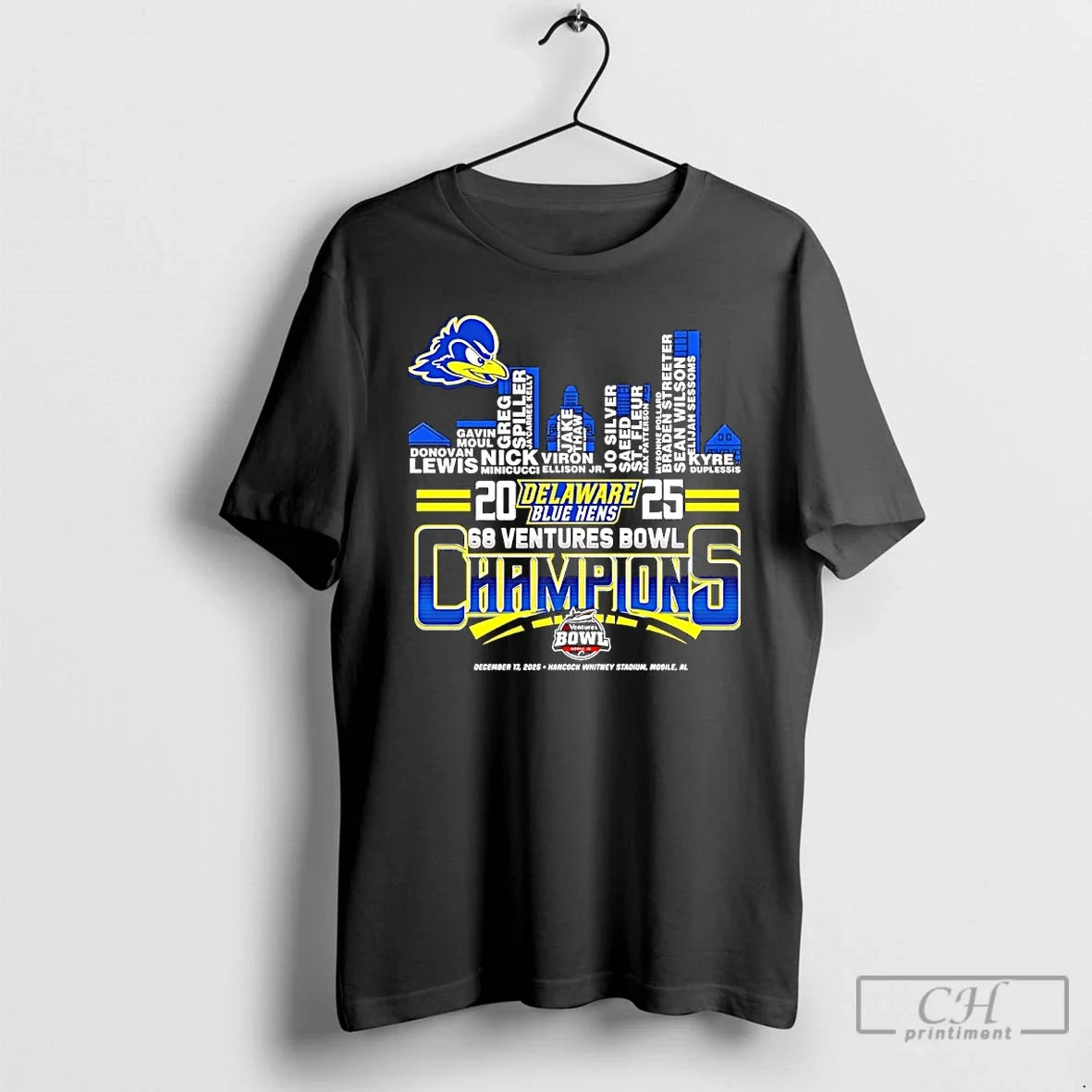 Classic Delaware Fightin Blue Hens 2025 68 Ventures Bowl Champions Players Names City Skyline T-Shirts