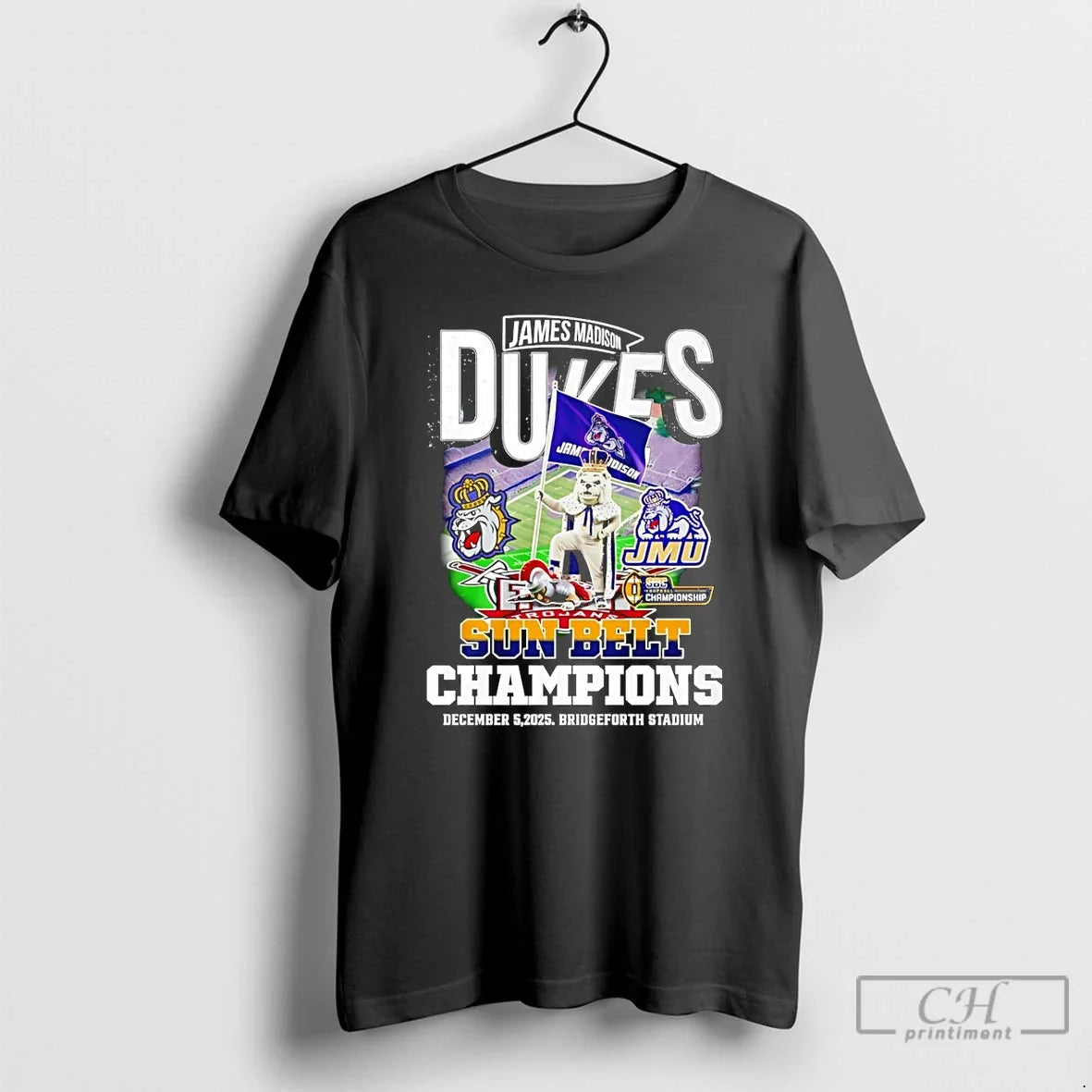 Classic James Madison Dukes 2025 Sun Belt Champions Mascot T-Shirts
