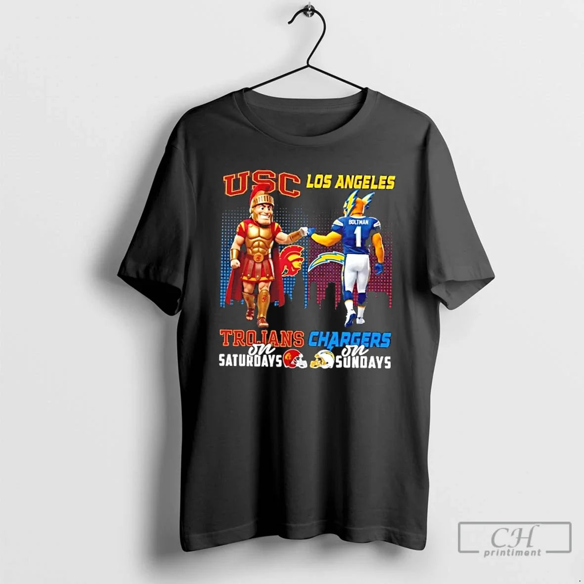 Classic Mascots Usc Trojans Saturdays X Los Angeles Chargers Sundays Skyline T-Shirts