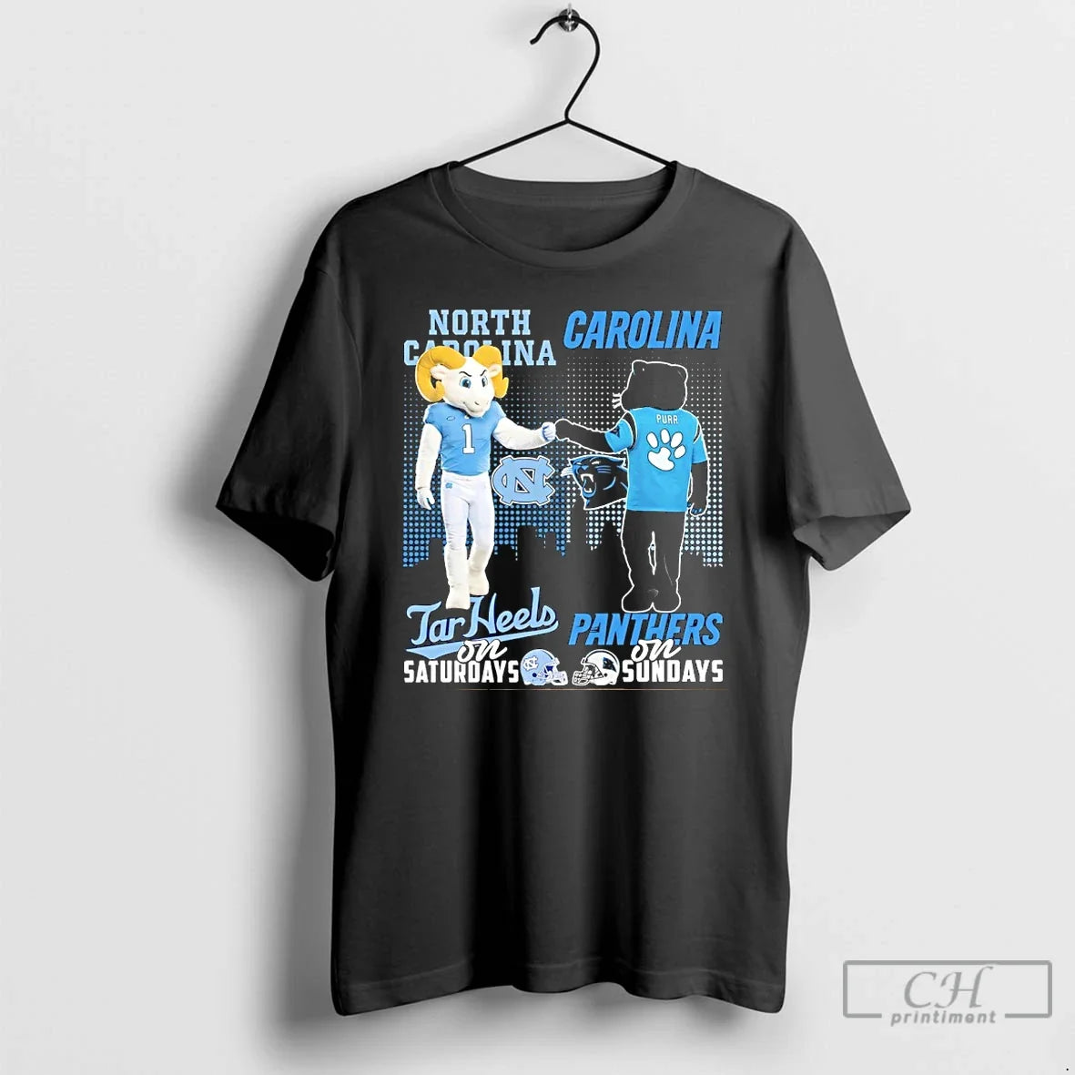 Classic North Carolina Tar Heels Saturday Carolina Panthers Sundays Skyline Mascot T-Shirts