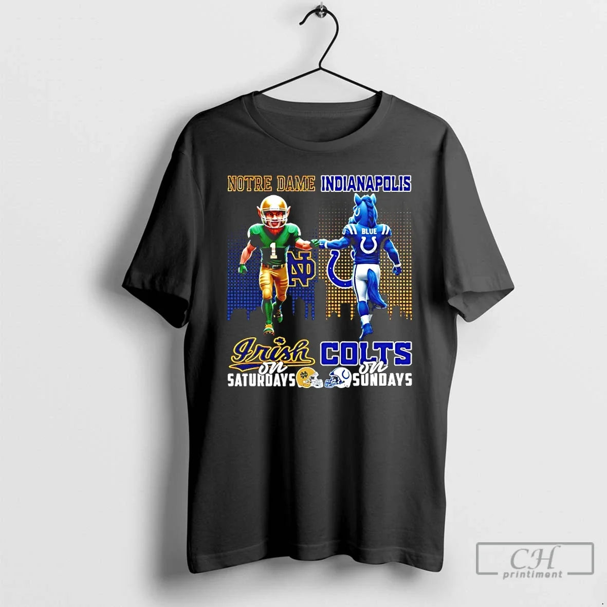 Classic Notre Dame Fighting Irish Saturdays Vs Indianapolis Colts Sundays Mascot City Skyline T-Shirts