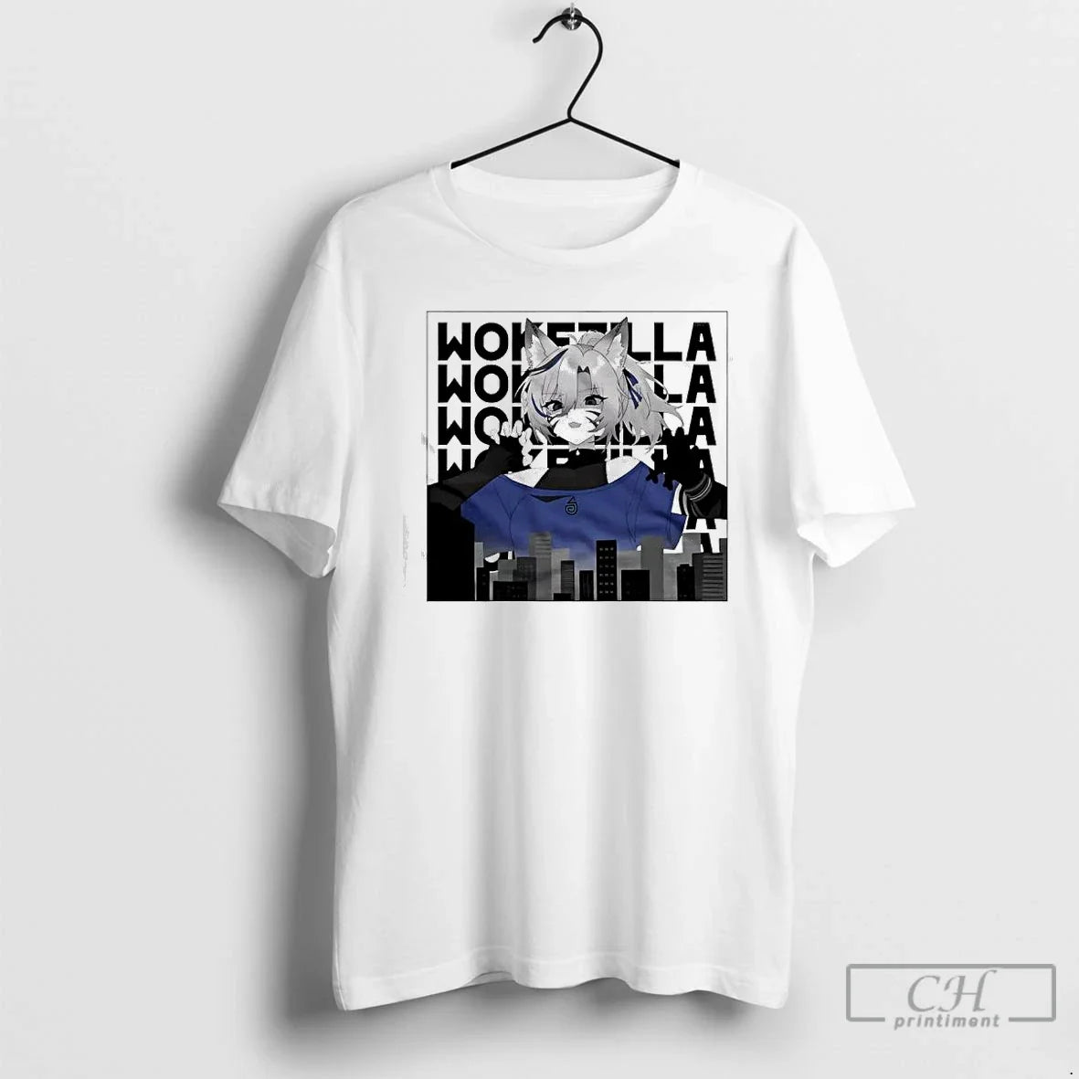 Classic Nyaras Vtuber Towering Over City Skyline Wokezilla T-Shirts
