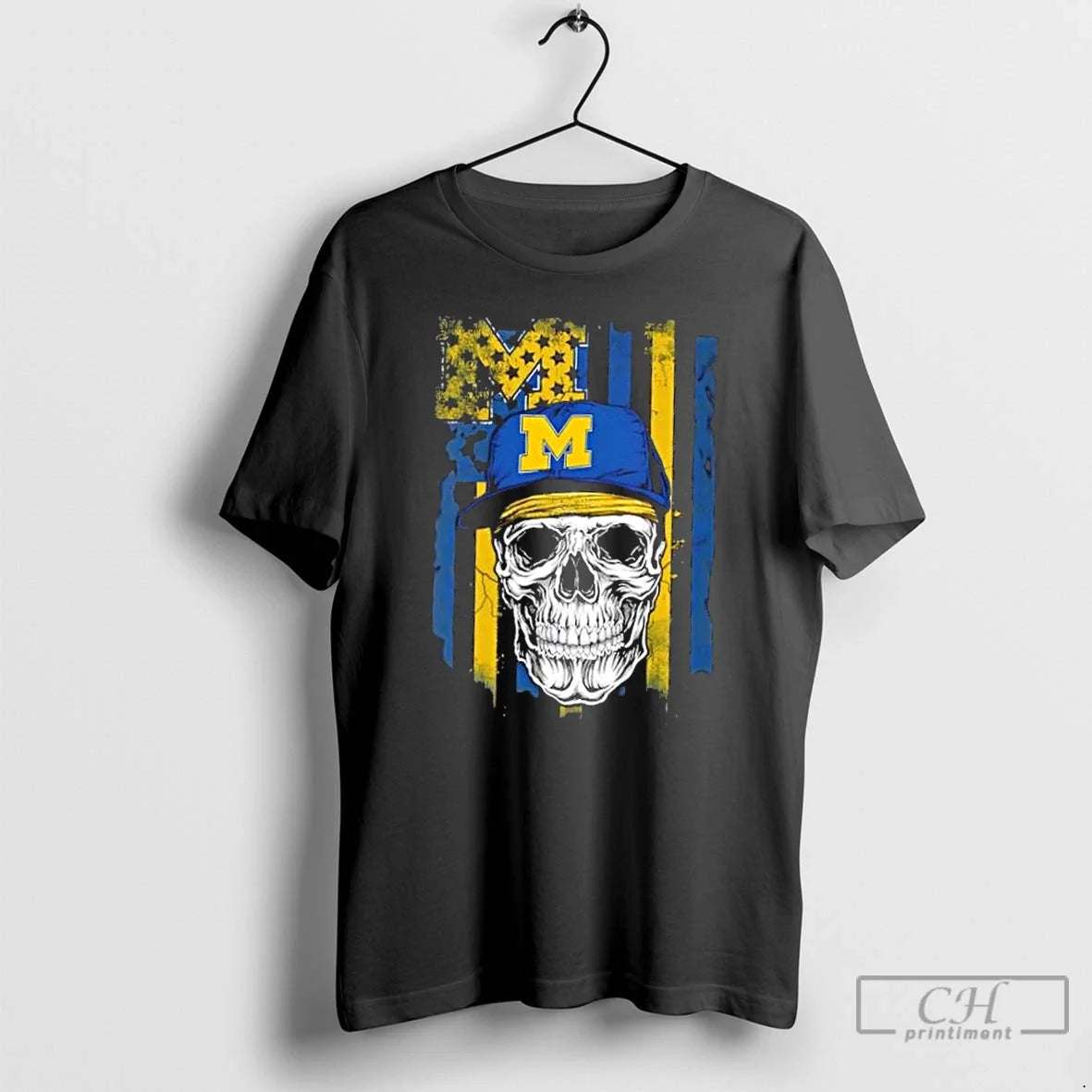 Classic Skull Wearing Cap Michigan Wolverines Us Flag T-Shirts