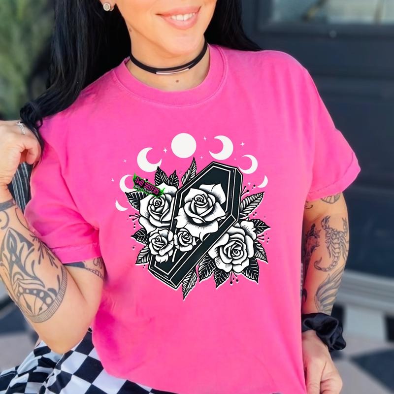 Coffin & Moon Celestial Roses Short Sleeve Shirt Neon Pink Comfortable Cozy Summer Ready Alt T-Shirts
